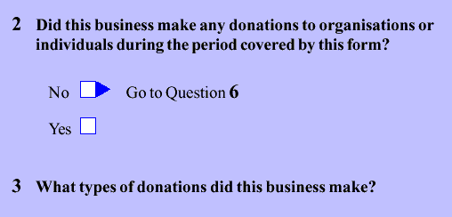 Filter question: Did this business make any donations to organisations or individuals during the period covered by this form? If 'No' respondents are sequenced to Question 6.