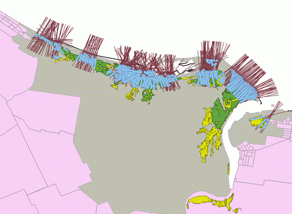 diagrams of the section of coastline with total mangroves shown, mangroves that have a 90m belt width and transect lines reaching 1km from the coast