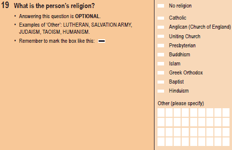 The question asks: What is the person's religion? The first response option listed is: No religion. 