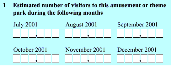 Example of a survey form where respondents are required to complete items across the page, e.g., Estimated number of visitors up to 6 digits for the months of: July 2001, August 2001, September 2001, new line: October 2001, November 2001, December 2001..