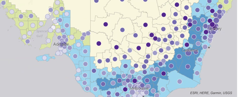 Image: map of South East Australia showing the Average Daily Usage of electricity by total number of dwellings by LGAs. Also displayed is an LGA approximation of climate zones.