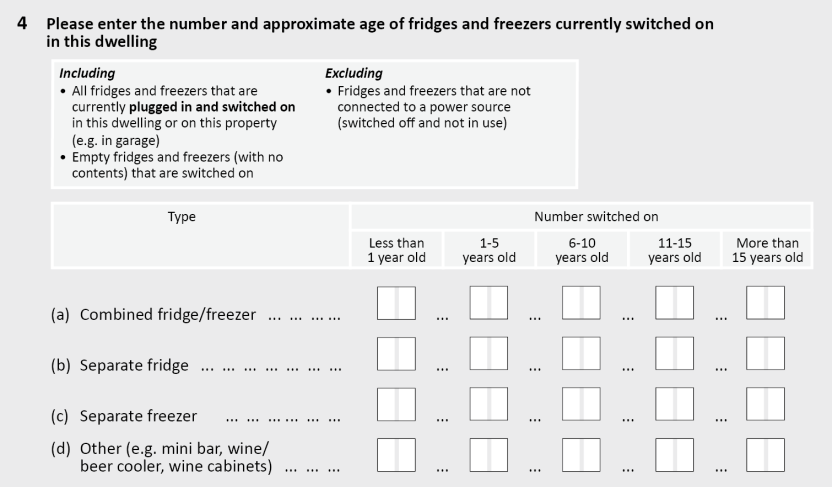 For the question: Please enter the number and approximate age of fridges and freezers currently switched on in this household? You might simplify the question and about type of fridge first, followed by the age of each fridge reported. 