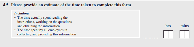 Extract from a survey form where fields have been included for respondents to record time taken to complete the form in: hours, 2 digits and minutes, 2 digits.