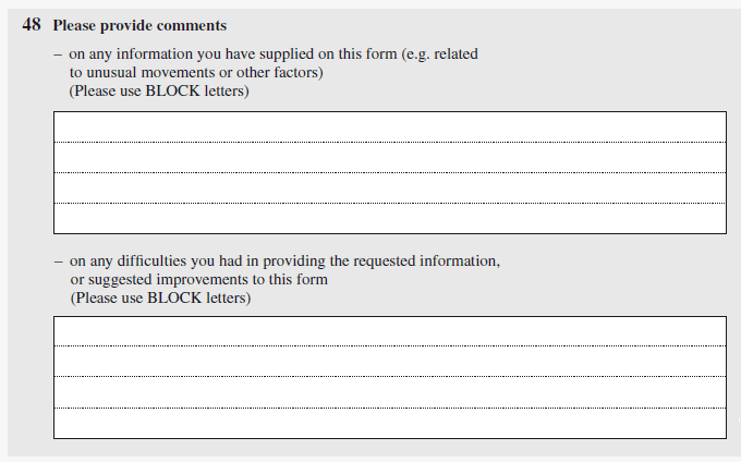 Extract from a survey form showing two large free text boxes for respondents to provide feedback specifically on problems providing information and questions that were difficult to answer.