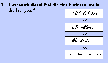How much diesel fuel did this business use in the last year? Response options: 126.6 litres or 65 gallons or $5,400 or more than last year.