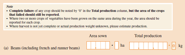 Note: Complete failure (bold text for emphasis) of any crop should be noted by '0' in the Total production (bold text for emphasis) column, but the area of the crops that failed should still be reported (bold text for emphasis)..